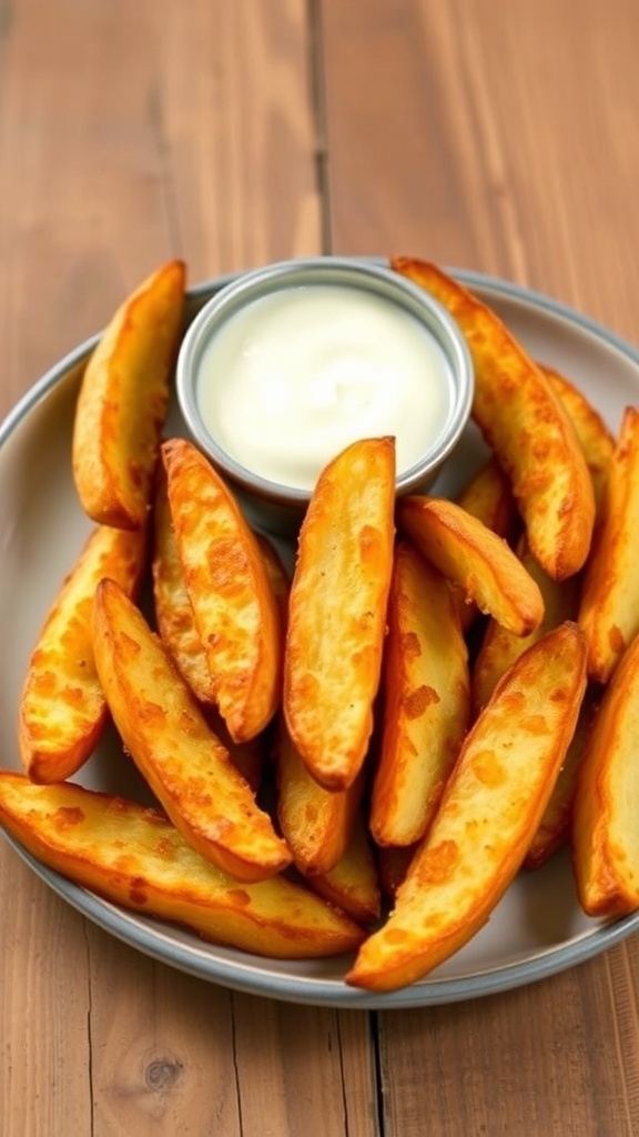 Crispy JoJo potato wedges served with dipping sauce on a rustic wooden table.